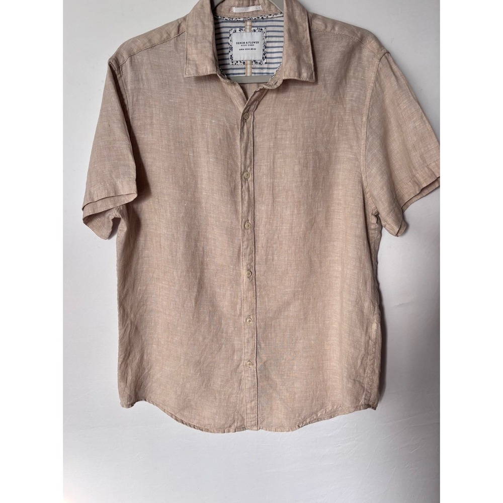 Denim & Flower Mens Short-Sleeve Button-Down Shirt Taupe Tan Linen Blend M